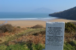 Magherwarden beach with Saldhana memorial stone in foreground 