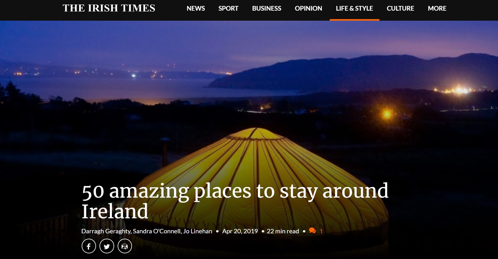 night time image of 'Mulroy' yurt with bay and mountain in background